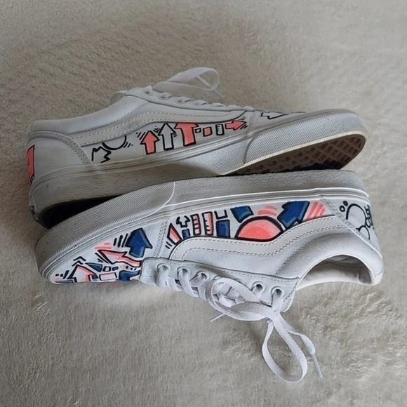 Handcrafted Colorful Doodles and Directions White Van's on white background - Picture 8 of 14